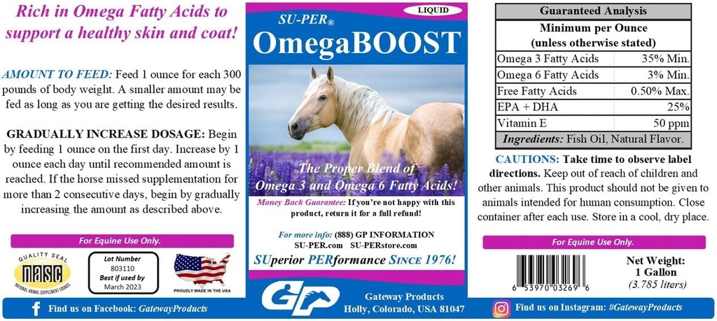 SU-PER OmegaBOOST Fish Oil for Horses - Premium Omega 3 a Omega 6 doplněk mastných kyselin - Podporuje zdravou pleť & Coat - 1 Gallon