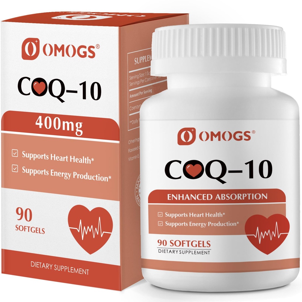 OMOGS CoQ10 400mg Softgels, Coenzym Q10 Vysoké absorpční doplňky Podpora srdečního zdraví, kardiovaskulární zdraví, imunitní systém a buněčná výroba energie, Gluten Free, 90 Softgels