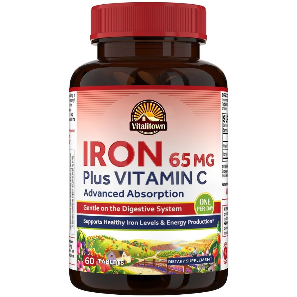 Vitalitown Iron Supplement pro ženy Muži, Hig Potency 65mg Železo s vitaminem C 250mg, méně konstipační, Lepší pro budování krve a zlepšení energie, No Gluten, Non- GMO 60 Vegan železné pilulky