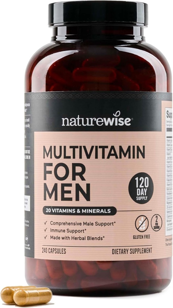 NatureWise Multivitamin pro muže - Denní mužská podpora - Minerály & Byliny pro energii, výkon, imunitu - s vitaminem A, C, D, B-Complex - Soy & Gluten-Free, Non- GMO - 240 Kapsle [6- Měsíční dodávky]