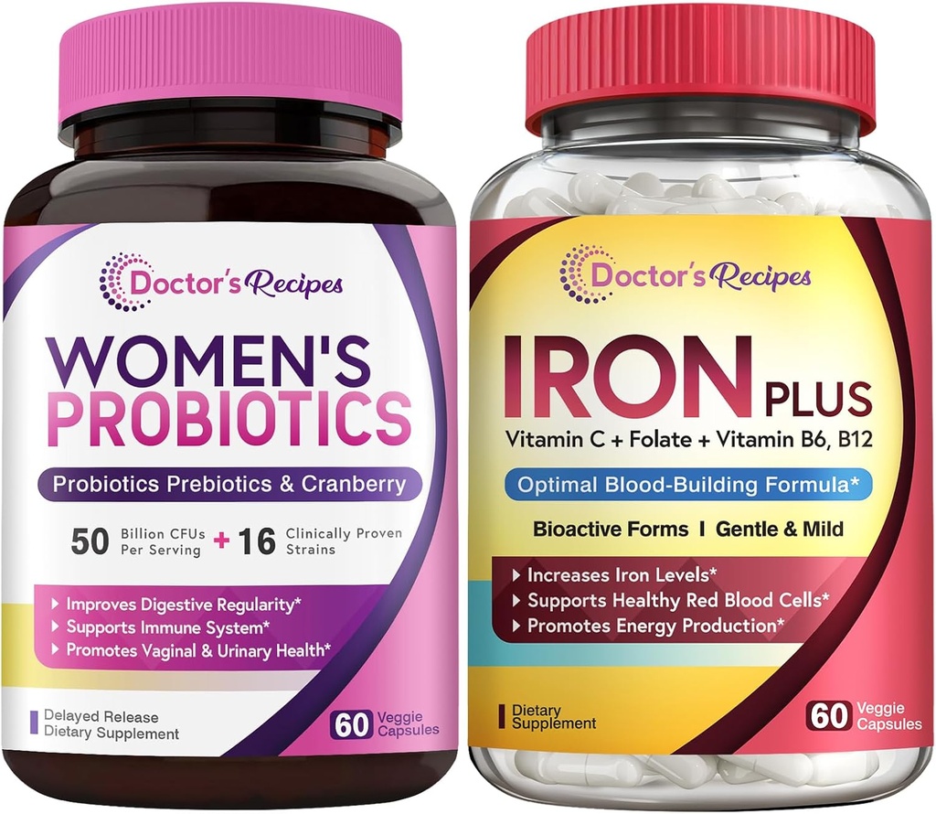 Lékařské recepty Ženské Probiotické & Iron Plus Bundle, Ženské Zdraví a Krevní Podpora, Probiotické Kapsle 60ct & Železné Kapsle 60 ct