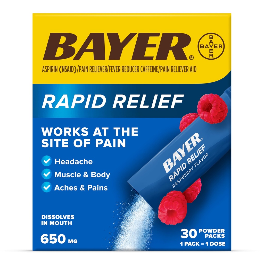 Bayer Rapid Relief Powder Packs with Aspirin & Caffeine, Disolvable Factory Pain Relief for Heads, Muscle and Body Pain, Raspberry Flavor (Balení se může lišit), Balení 3 x 10 Počet