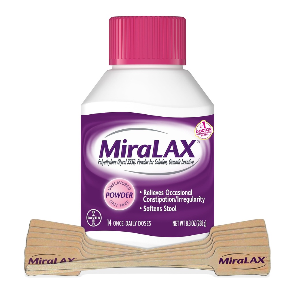 MiraLAX Laxative Powder, Gentle Constolly Relief pro dospělé, Stool Softener s PEG 3350, Nonstimulant Laxative, No Harsh vedlejší účinky, Zahrnuje Stirrer, 14 Dávka