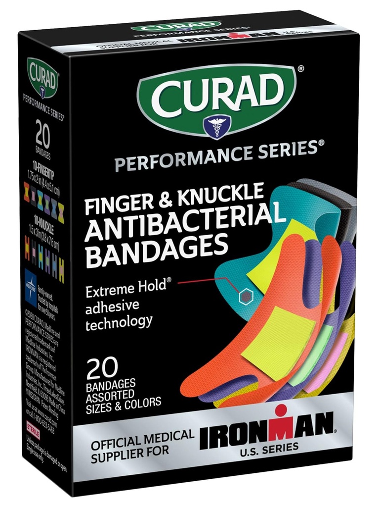 CURAD Performance Series IRONMAN Antibakteriální obvazy, Extreme Hold Adhesive Technology, Finger & Knuckle Obvazy, Flexibilní Fabric, Variety Pack s tříděné velikosti a barvy, 20 Počet