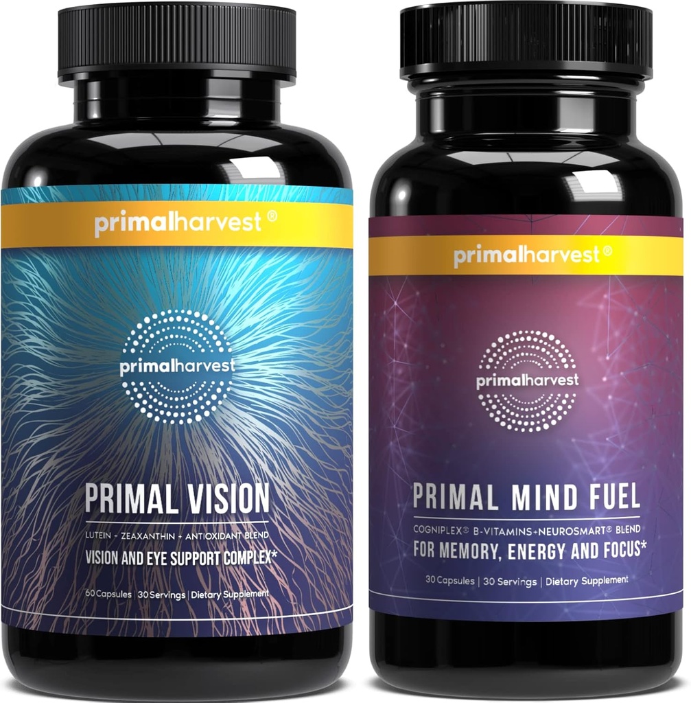 Primal Harvest Brain Boost & Vision doplňky pro ženy a muže Vision a Oční podpora Komplex s Lutein, Zeaxanthin Bundle