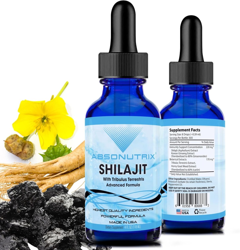 Absonutrix Shilajit s Tribulus Terrestris 390 mg, 4 Oz Liquid, 300 Servings, Made in USA, Rychlá absorpce, Kvalitní potentní složky, Non- GMO, GMP Certified Facility, Cruelty-Free Products