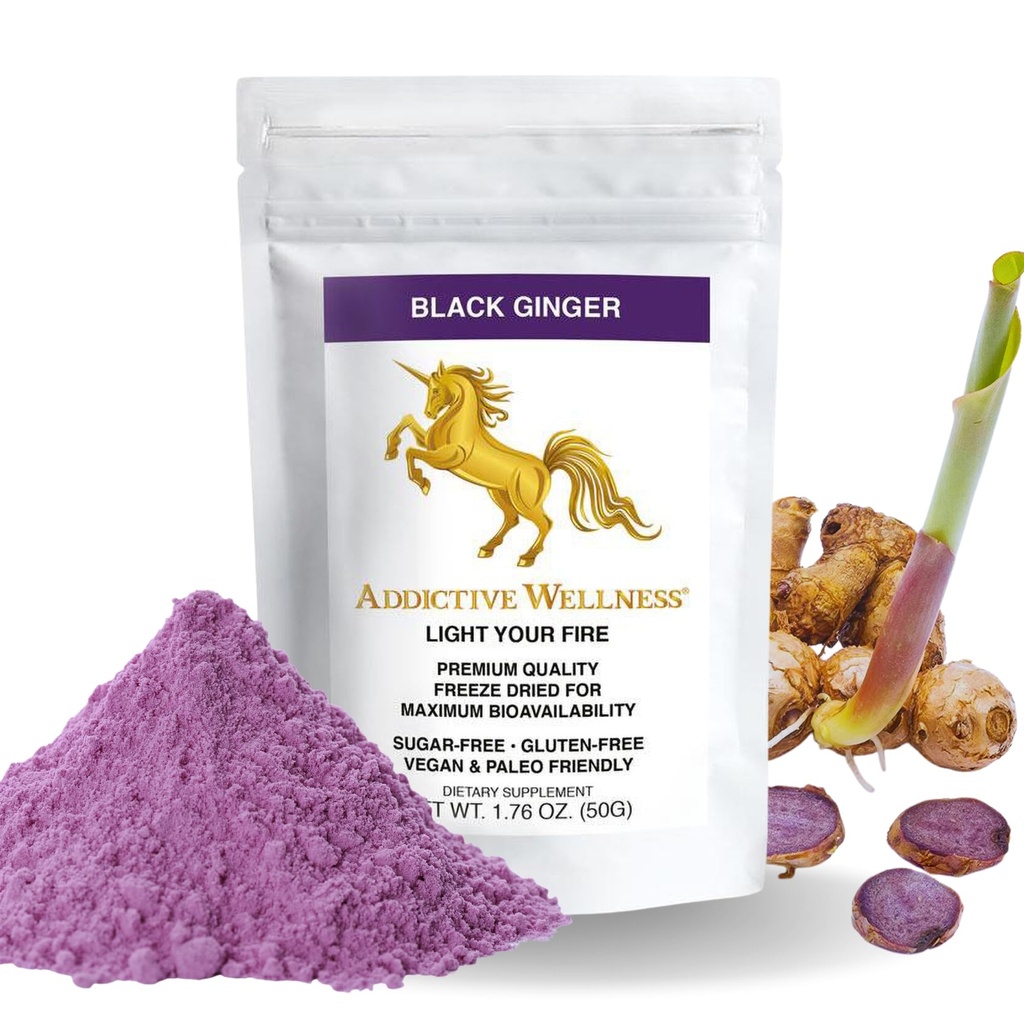 Addictive Wellness Thai Black Ginger pro muže, Thai Ginger dodatek k podpoře energie metabolismus, vytrvalost a výkon, Freeze Sured Black Ginger Powder, 50 Grams (1.76 Ounce), Vegan & Paleo