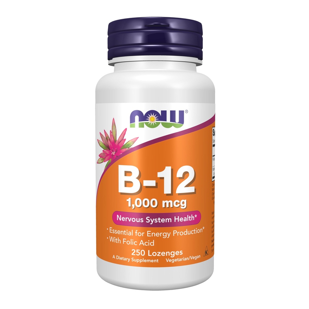 Nyní Potraviny Doplňky, Vitamin B-12 1000 mcg s kyselinou listovou, Nervový systém zdraví *, 250 Žvýkací Lozengy