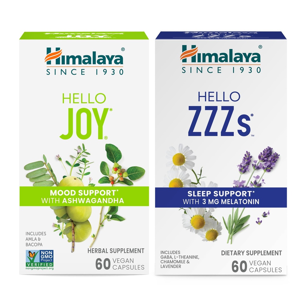 Himalaya Ahoj Radost s Ashwagandha pro zlepšení nálady a duchů & Hello ZZZ s melatonin pro podporu spánku, 60 Kapsle Každý - Bundle