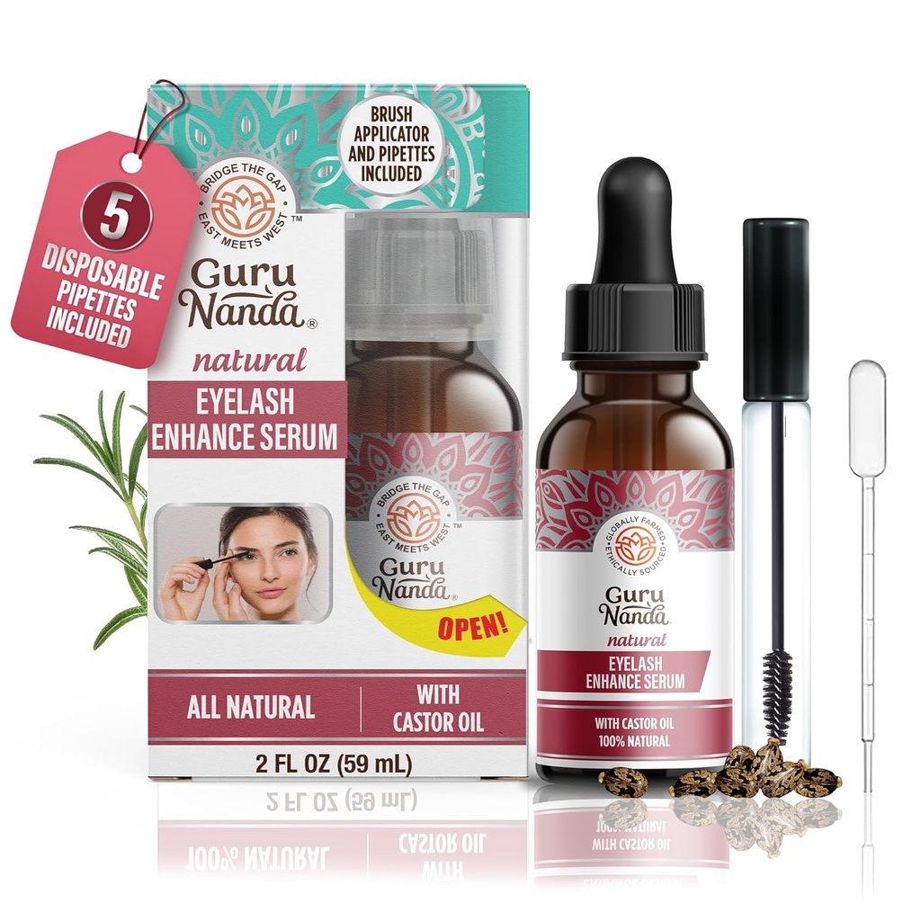 GuruNanda Natural Castor Oil Eylash Enhance Sérum s Rosemary Oil - kartáč aplikátor & 5 Pipet, Pomáhá přirozenému růstu vlasů pro obočí a vousy, 2 Fl Oz