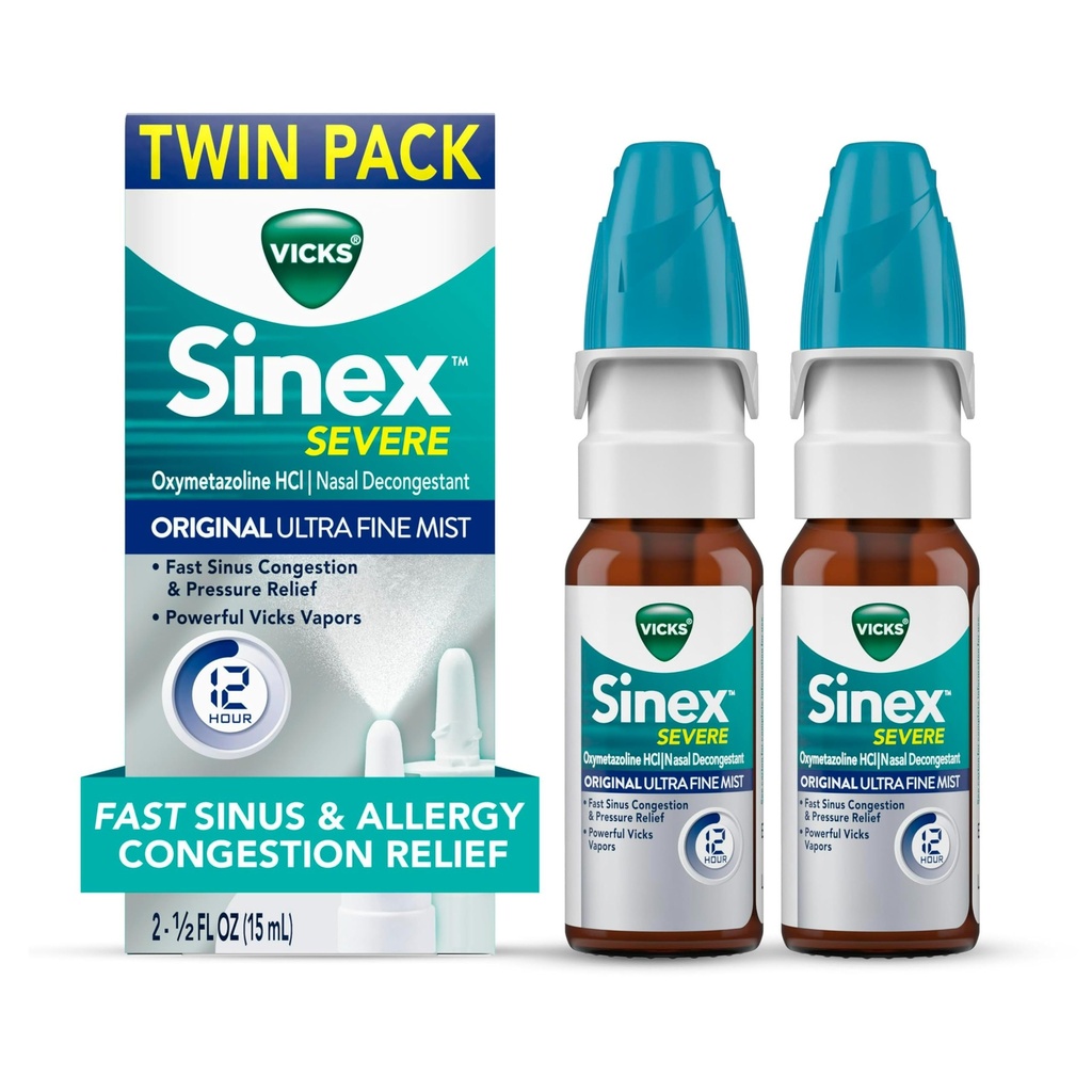 Vicks Sinex SEVERY Alergie & Sinus Nasal Spray, Original Ultra Fine Mist, Decongestant Medicine, Relief from Nasal Congestion due to Cold or Alergy, Sinus Pressure Relief, 265 Spreys x 2