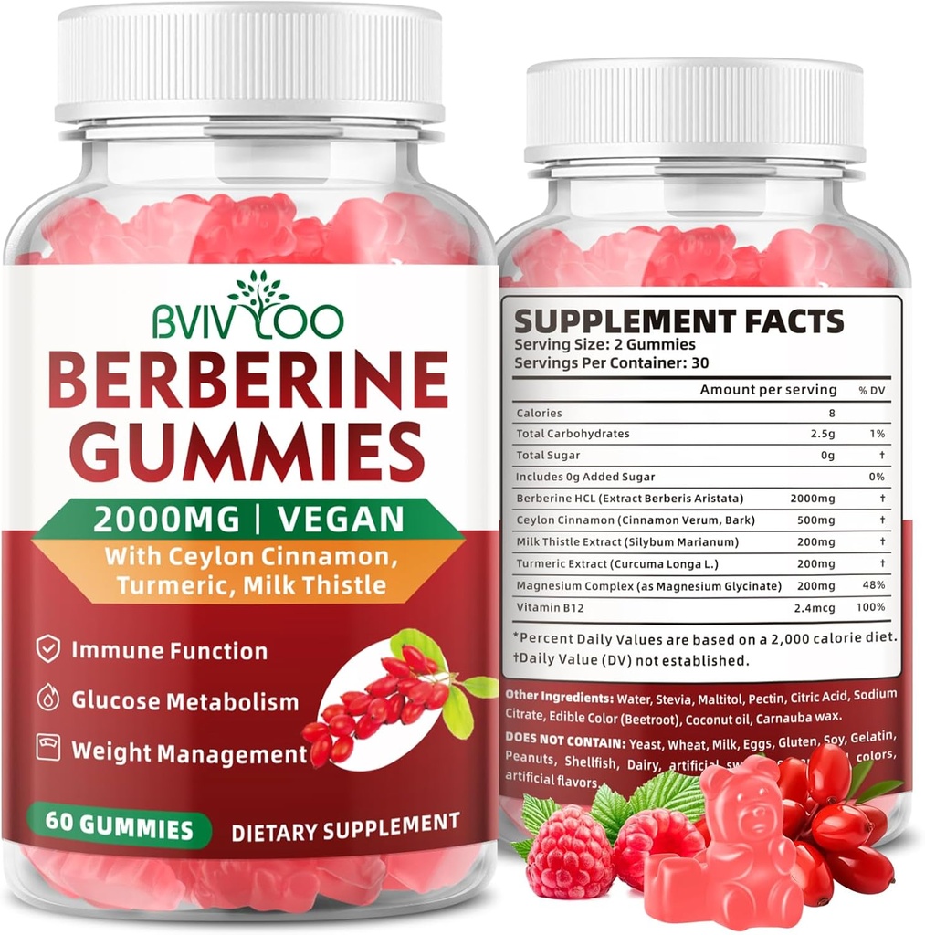 Premium Berberine Gummies, 2000mg High Potency Berberine HCI Dodatek, Plus Ceylon Skořice, Mléčné Thistle pro ženy a muže, imunitní systém & Metabolismus Podpora - 60 Gummies