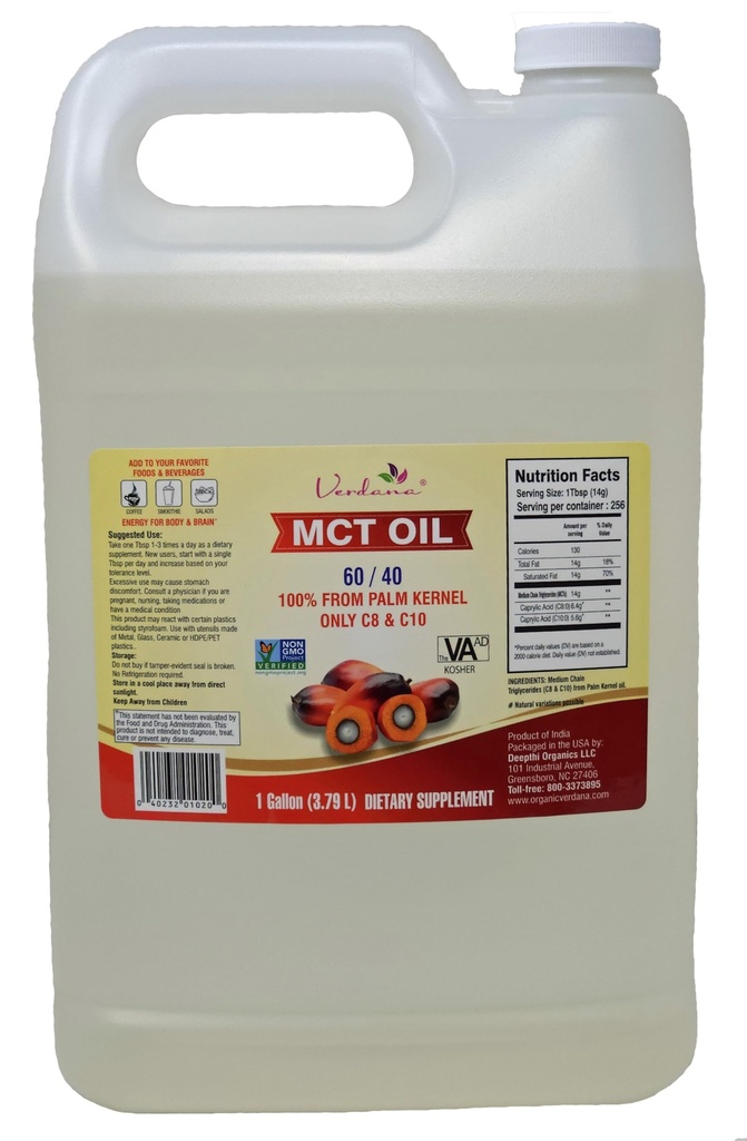 Verdana Food Grade MCT Oil - 1 gallon (128 Fl Oz) - Premium C8 / C10 Triglyceridy - Keto & Paleo Friendly - Non- GMO, Kosher - Důvěryhodná značka pro energii, sportovní výživu, aromaterapie a masáž