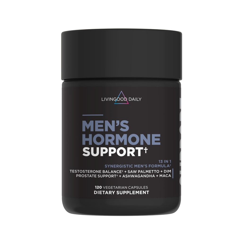 Livingood Daily Men Hormon Support Dodatek pro Vitality & Balance, 14-in-1 Testosteron Booster pro muže s Ashwagandha, Maca, DIM, Zinek, Saw Palmetto, Vitamin B12 & More, Vegan, 120 Kapsle