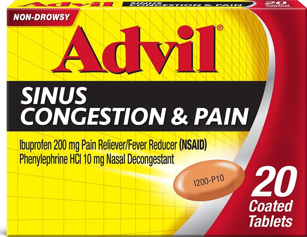 Advil Sinus Congestion and Pain, Sinus Relief Medicine, Pain Reliever and Fever Reducer with Ibuprofen and Fenylephrin HCl - 20 potahovaných tablet