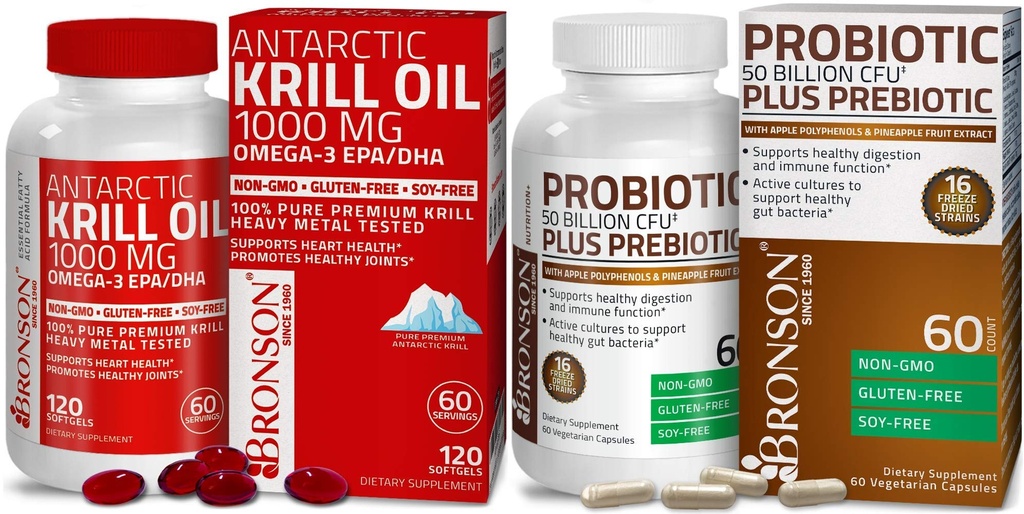 Bronson Probiotic 50 miliard CFU + Prebiotic s jablečnými polyfenoly a ananasem Extrac Antarktický krilový olej 1000 mg s Omega- 3s EPA DHA
