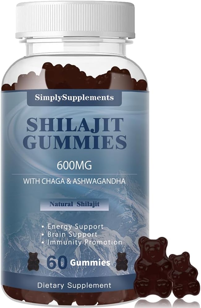 Shilajit Gummies s Ashwagandha a Chaga pro muže a ženy - Shilajit dodatek s Trace Minerály & Fulvic Acid for Energy and Immunity Support, 60 Gummies