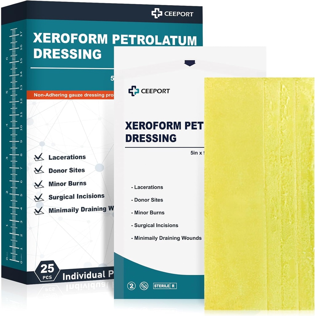 Medical Xeroform Petrolatum Dressing 5x9 - Non- Adherent Gauze Pad Strip, Fine Mesh Gauze Patch Dodávky pro péči o zranění, Burns, Lacerations, & Kožní štěpy (Balení 25)
