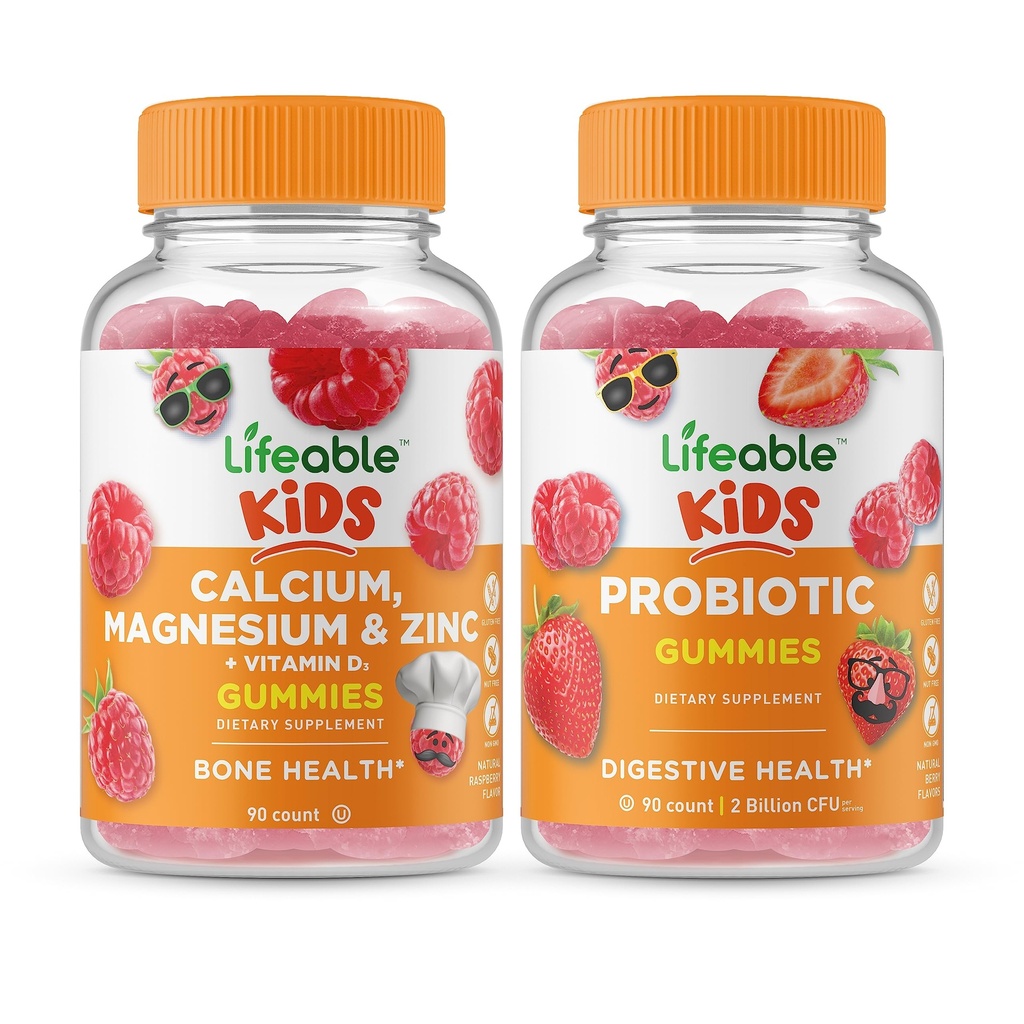 Živé vápníku Magnesium & zink děti + Probiotické 2 miliardy CFU děti, Gummies Bundle - Velký příchuť, doplněk vitamínu, gluten zdarma, GMO zdarma, žvýkací žlab
