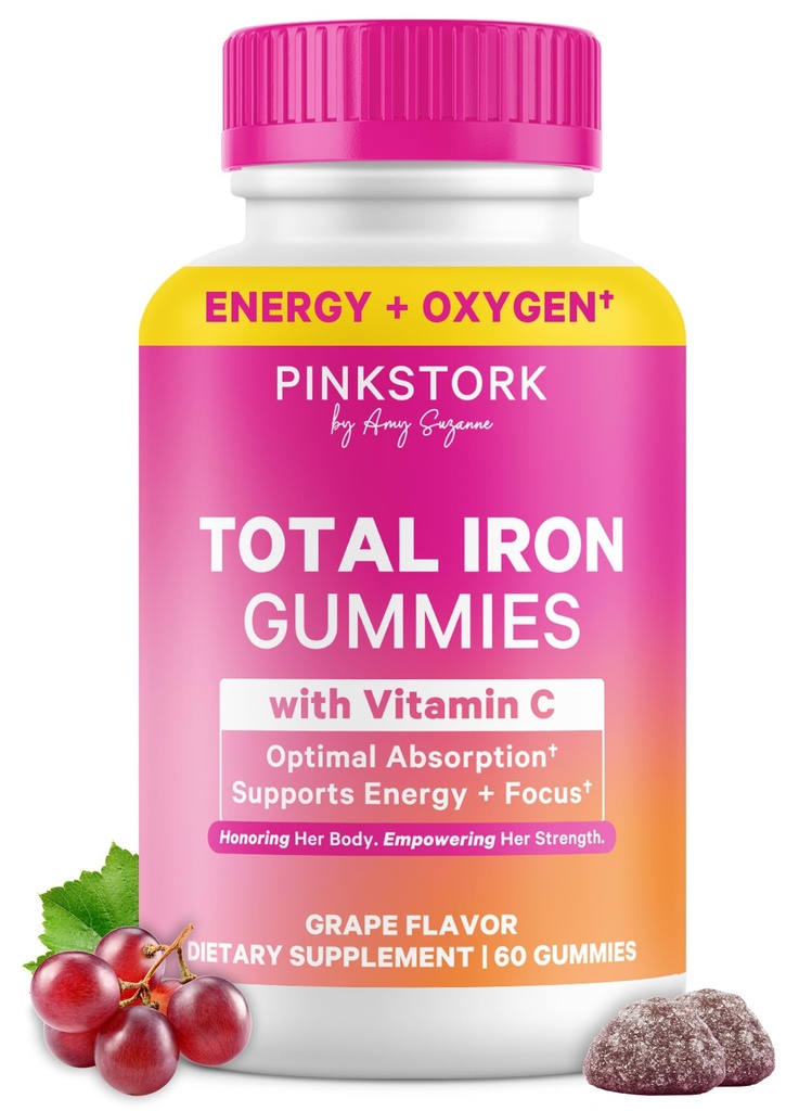 Pink Stork Prenatal Železné gumy pro ženy - 20 mg s vitamínem C - Grape Chewable for Deficiency, Energy, & Blood Builder - 60 Gummy Chews