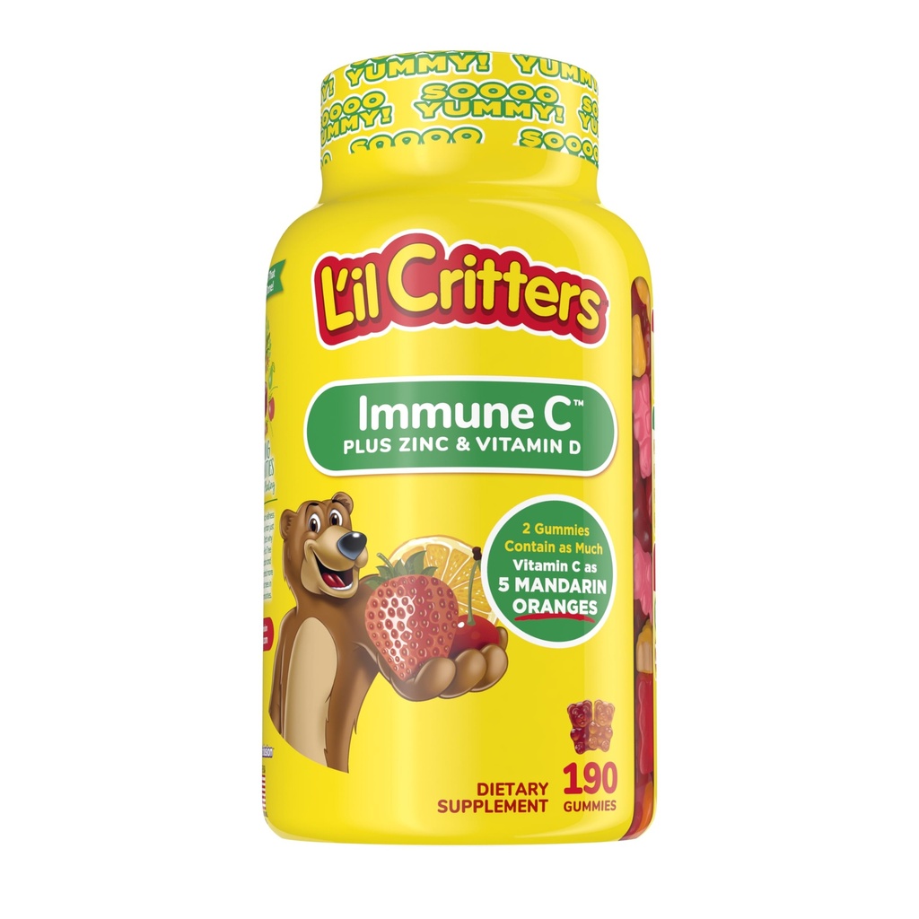 L 'il Critters Kids Imunity C Gummy dodatek s vitaminem C, zinku a vitamínu D3 pro imunitní podporu, 190 ct (95-190 denní dodávka), 4 lahodné příchutě z americké číslo jedna Gummy Vitamin Brand