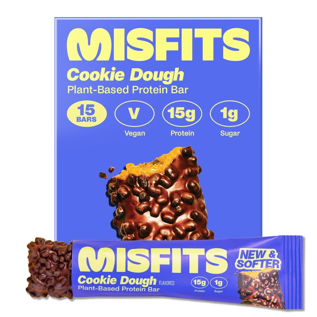 Misfit Vegan Protein Bary, Cookie Dough - Aktualizovaný recept 124; Plant based, Nízký cukr & Carb, High Fiber Snacks CU124; Balení po 15