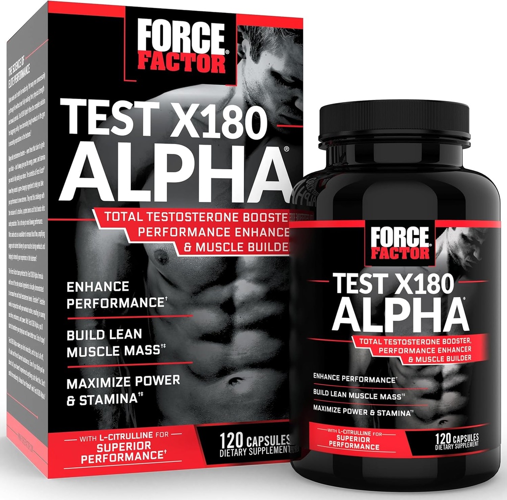 Force Faktor Test X180 Alpha Testosteron Booster pro muže, Testosteron dodatek s patentovaným Fenugreek & L-Citrulline na podporu Lean Muscle, Síla, Energie, Výkon a výkon, 120 Kapsle
