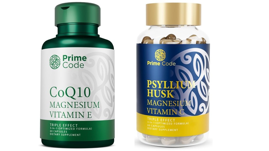 Prime Code CoQ10 250mg s Glycinátem hořečnatým a vitamínem E, Psyllium Husk Kapsle s magnesium- citrátem a vitaminem C