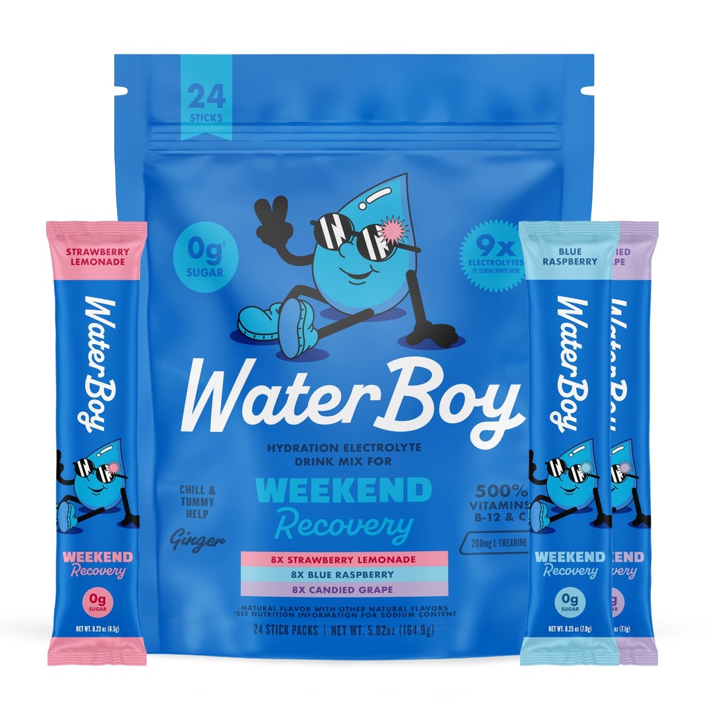 Waterboy Weekend Recovery Variety OF 124; 3,200mg Electrolyte Powder Packets OF 124; Ginger + L- Theanine + Vitamins OF 124; No Sugar, All Natural, Gluten Free OF 124; 24 Drink Stick Mixes (Variety Pack)