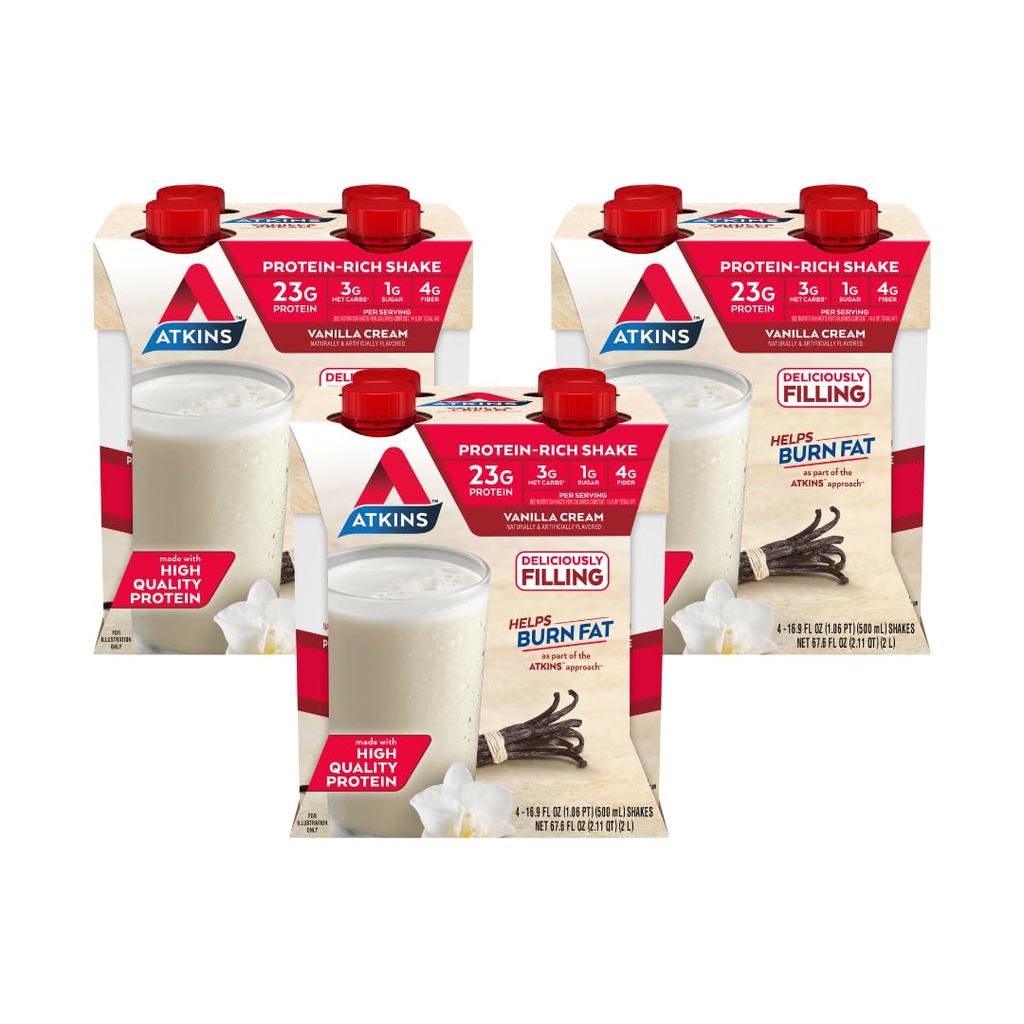 Atkins Vanilla Cream Meal Size Protein Shake, 23g Protein, Nízký glykemický, 3g Carb, 1g Cukr, Keto Friendly