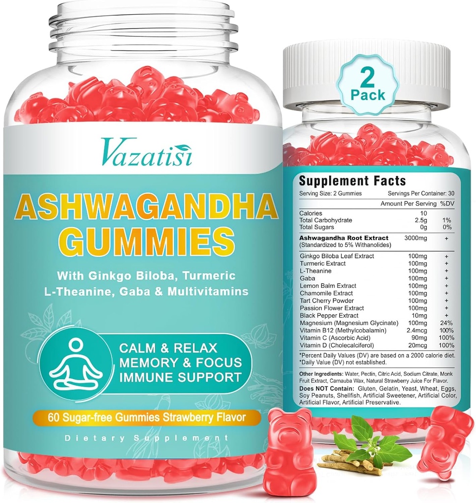 2 Pack Ashwagandha gumové s turmerické GABA energie a imunitní podpora, Jahodová Flavor 120 Cts