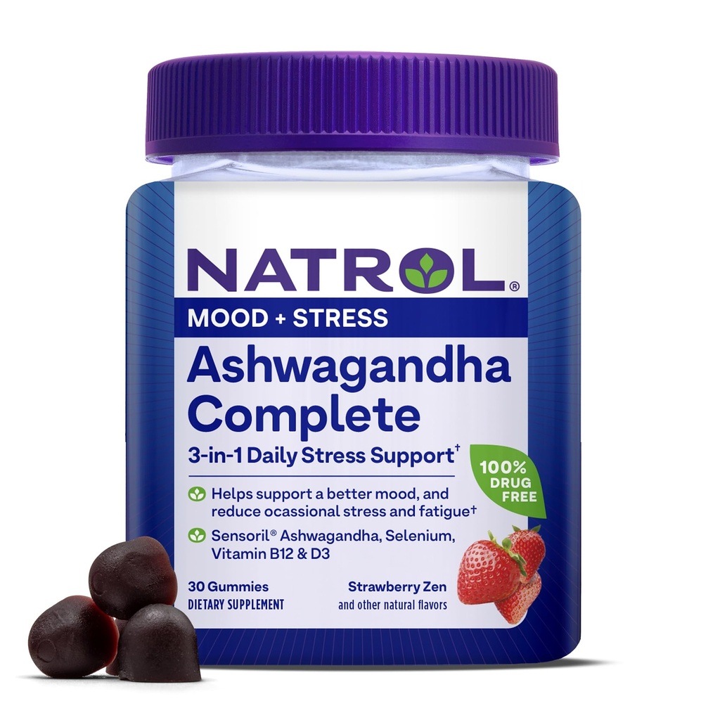 Natrol Ashwagandha Kompletní Gummy, 3-in-1 Denní Stres Podpora, Podporuje lepší nálada, snižuje příležitostný stres a únava, 30 Gummies, Až do 15 denní dodávky