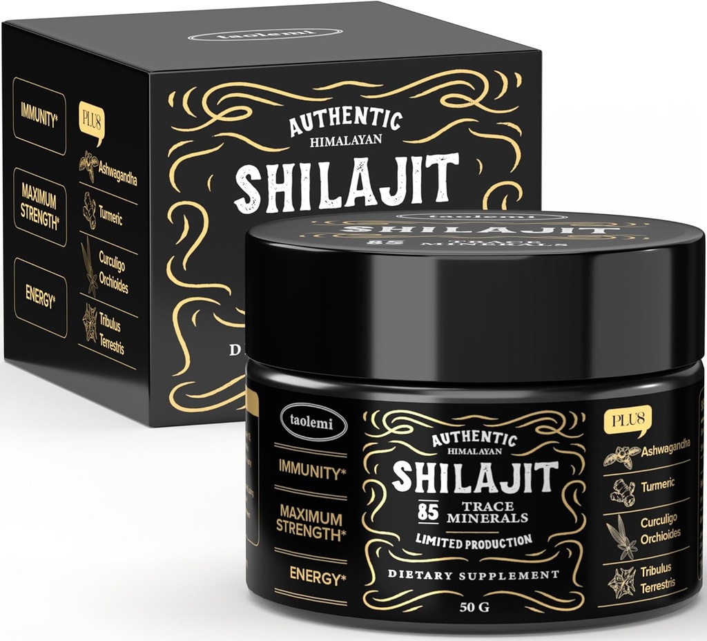 Shilajit Pure Himalayan Organic, Taolemi 50g Jar Natural Shilajit Resin pro muže a ženy, 85 + stopové minerály & Fulvic Acid, Pure Himalayan Extract, Natural Energy and Vitality Enhancer, 800MG, 62.5 Ser