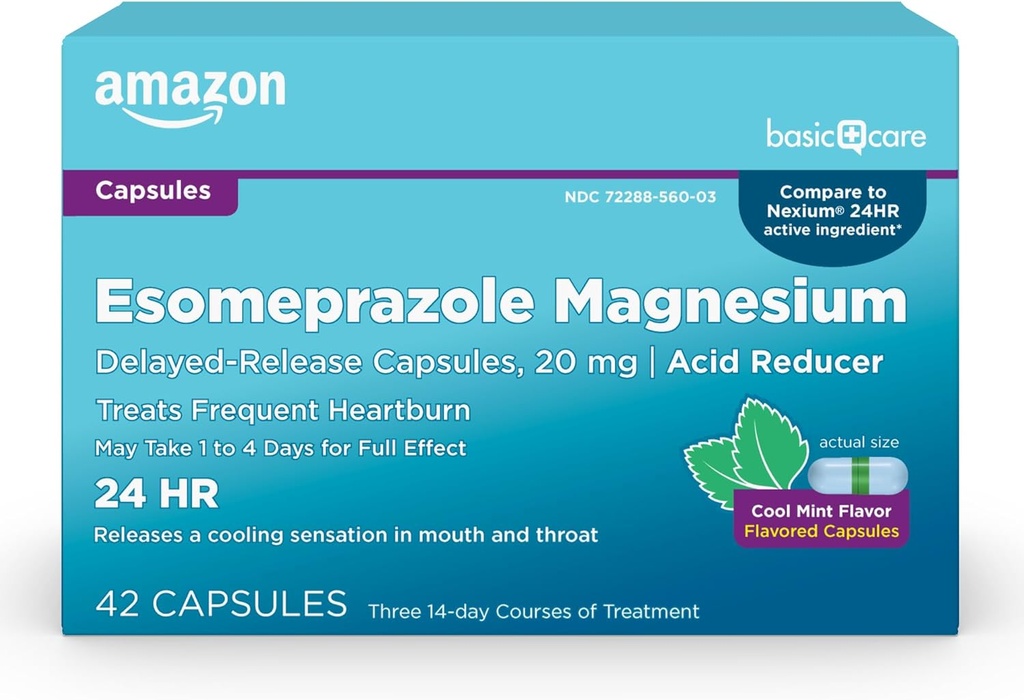 Basic Care Esomeprazol Magnesium Delayed- Release Kapsle 20 mg, Acid Reducer, Cool Mint, 42 Počet (3 balení po 14)
