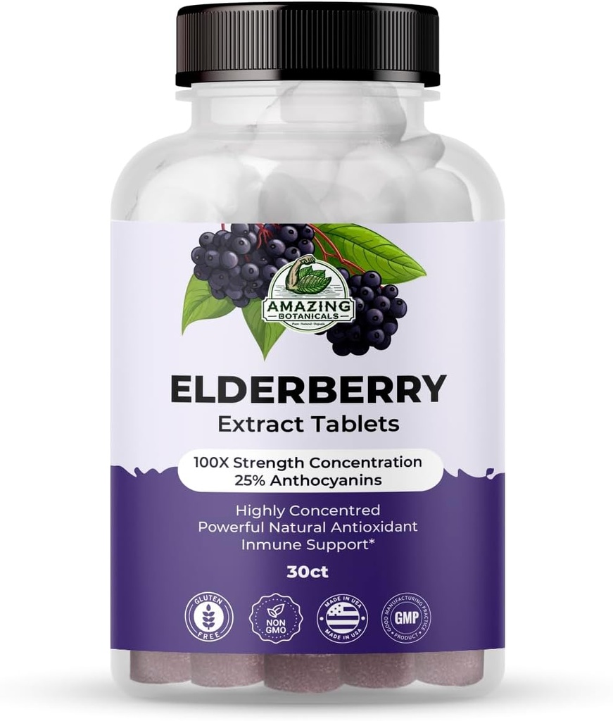 Amazing Botanicals Elderberry Extract 100X Silné tablety - Organická imunitní podpora & Wellness dodatek 124; 30 Tablety