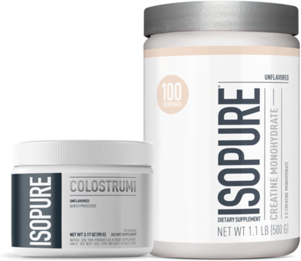 Svazek Izopure Bovine Colostrum Supplement Powder, Jemně zpracován, 90 Servings + Izopure Neochucené Creatin Monohydrát Powder, 5g Creatin Monohydrát per Scoop, 100 Servings, 500g