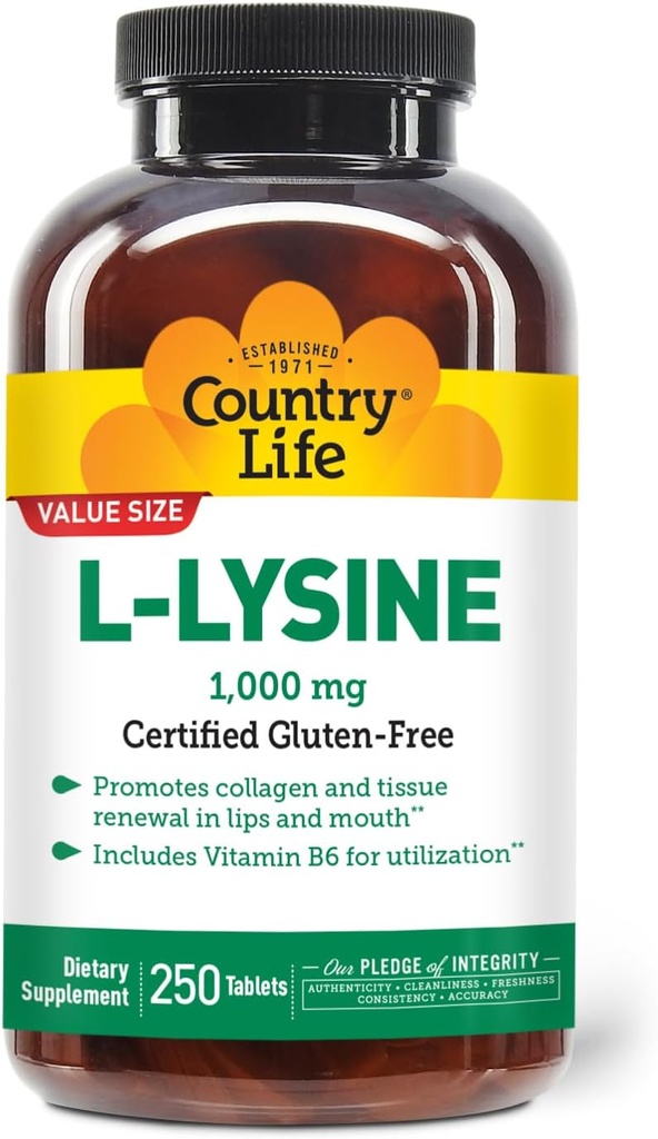 Country Life L- Lysin 1000mg s B-6, podporuje imunitní zdraví, podporuje obnovení kolagenu v rtech a ústech, 250-Počet, Certified gluten zdarma, Certified Vegan
