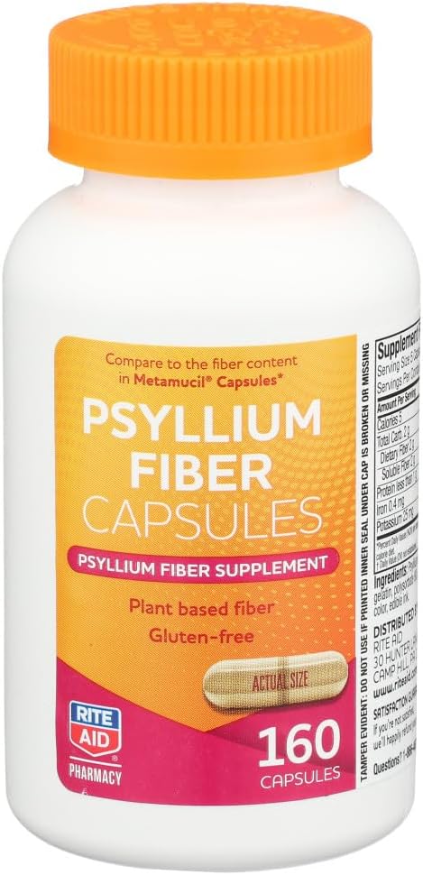 Rite Aid Psyllium Fiber Kapsle, 160 Počet, Psyllium Fiber Dodatek, CLAS124; Zácpa Relief 124; 100% přírodní Psylium Husk Fiber CLAS124; Pomáhá obnovit Regularitu CLAS124; Promotes Digestive Health