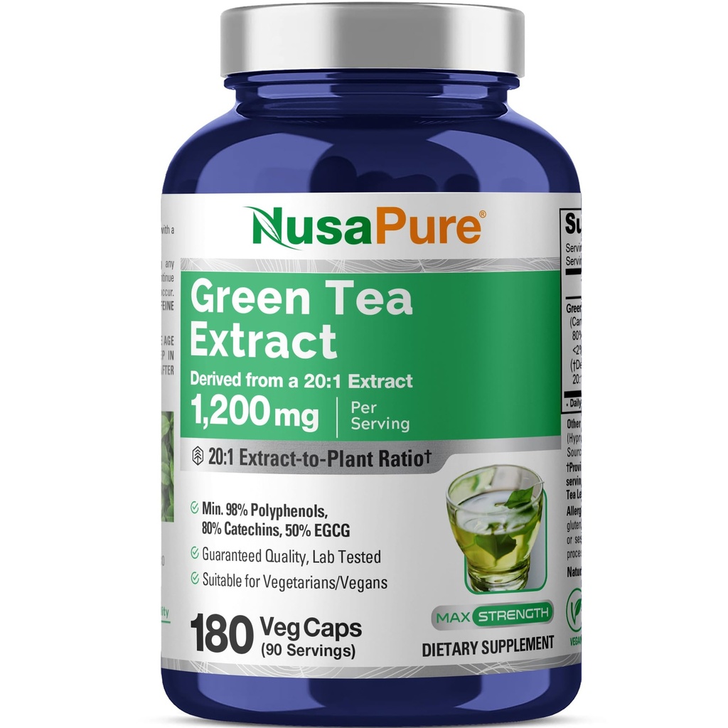 NusaPure Green Tea 20: 1 Extract, 1200 mg Ekvivalentní k 24000mg, 180 Vegan Kapsle, 50% EGCG, 98% Polyfenoly, 80% Katechiny