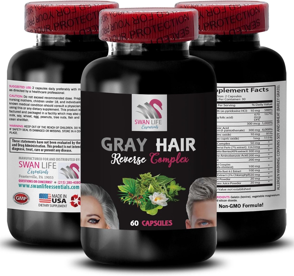 Biotin - GRAY HAIR REVERSE - Koňské ocasy Aerial Parts, Obnovení barev vlasů, mladistvé vlasy, přírodní barva vlasů, omlazení vlasů, pigmentace vlasů, zesílení barev, obnovení vibrace 1 Lahvička 60 Kapsle