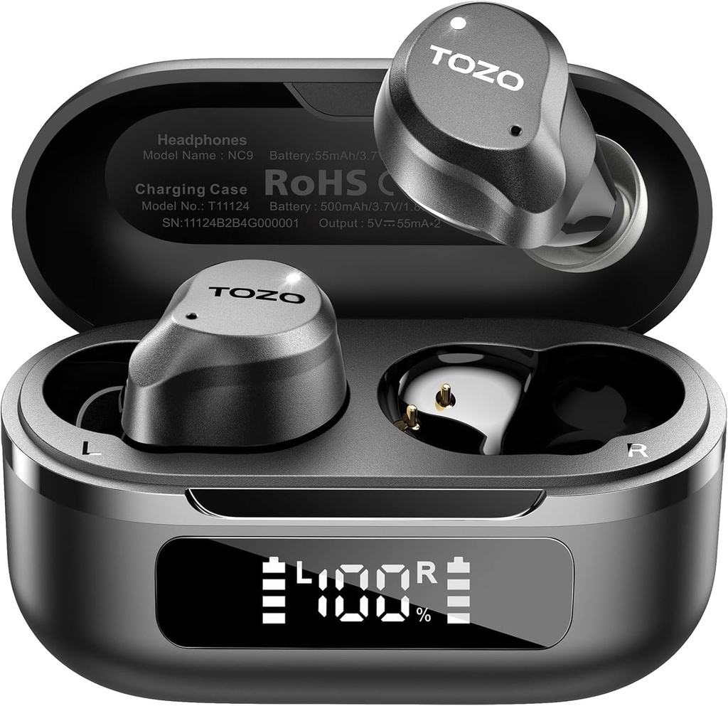 TOZO NC9 Hybridní aktivní hluk Rušení bezdrátových sluchátek, 6 Mics ENC Clear Call, IPX8 vodotěsné, v Uar Bluetooth 5.3 Sluchátka Stereo Bass Ušní Buds 59H Hrací čas s LED displejem 32 EQ přes APP