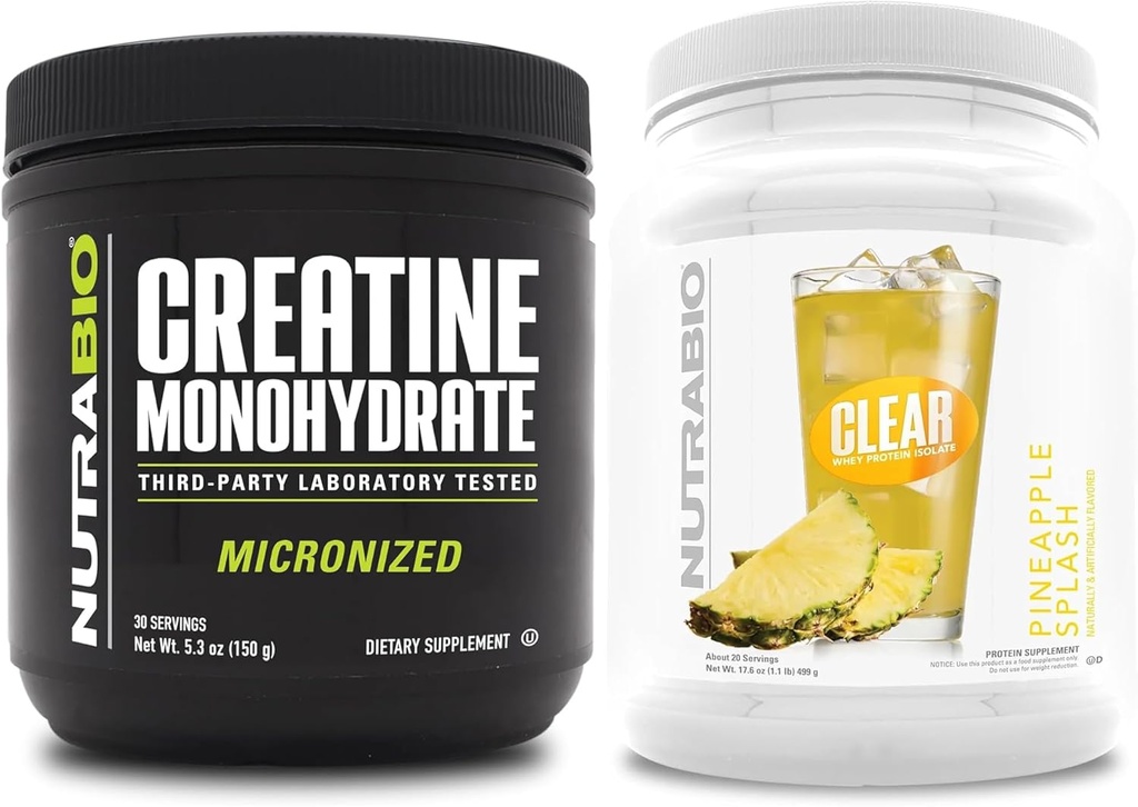 NutraBio Creatine Monohydrát, Neochucené, (150 g) a jasné syrovátkové bílkoviny izolát, (ananasový splash) Doplněk Bundle - Svalová energie, Maximální růst, zotavení, a síla