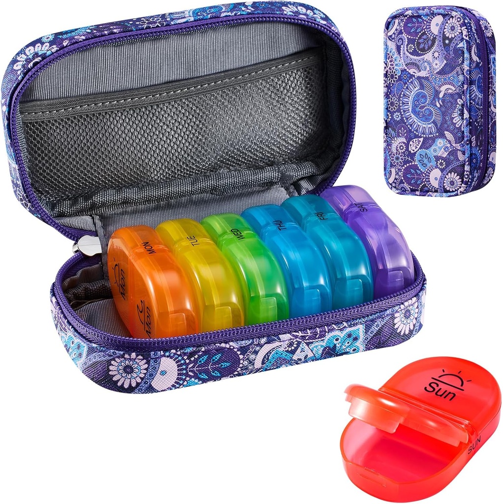 Serfeymi Týdenní Travel Pill Organizátor 2 Times A Day PM Upgraded Rainbow Pill Box 7 Day with Portable Zipper PU Leather Pill Case, Medicine Organizer for Pills, Vitamíny, Rybí oleje - Purple-01