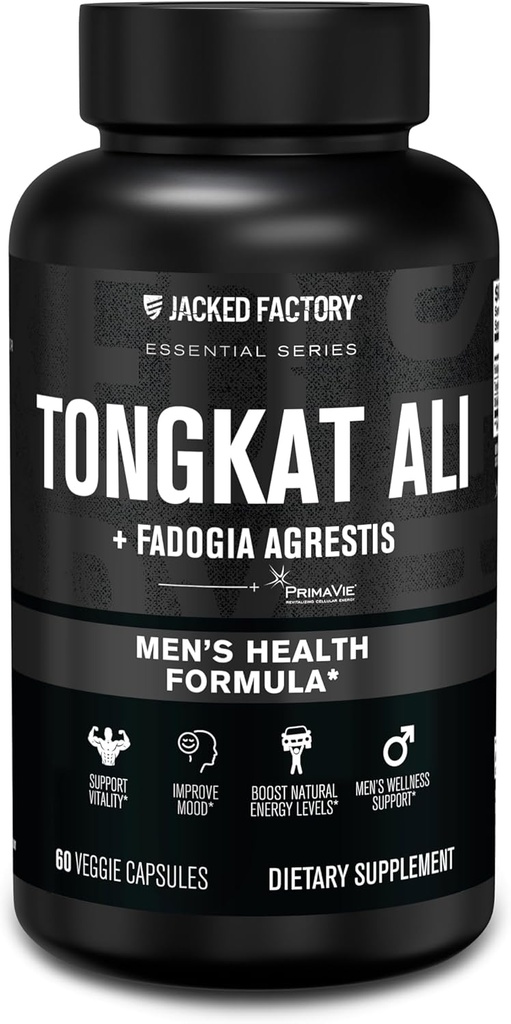 Jacked Factory Indonesian Tongkat Ali + Fadogia Agrestis - 200: 1 Extract Longjack Tongkat Ali pro muže s Fadogia Agrestis 600mg & Primavie Shilajit na podporu vitality, energie, & Mood - 60 Kapsle