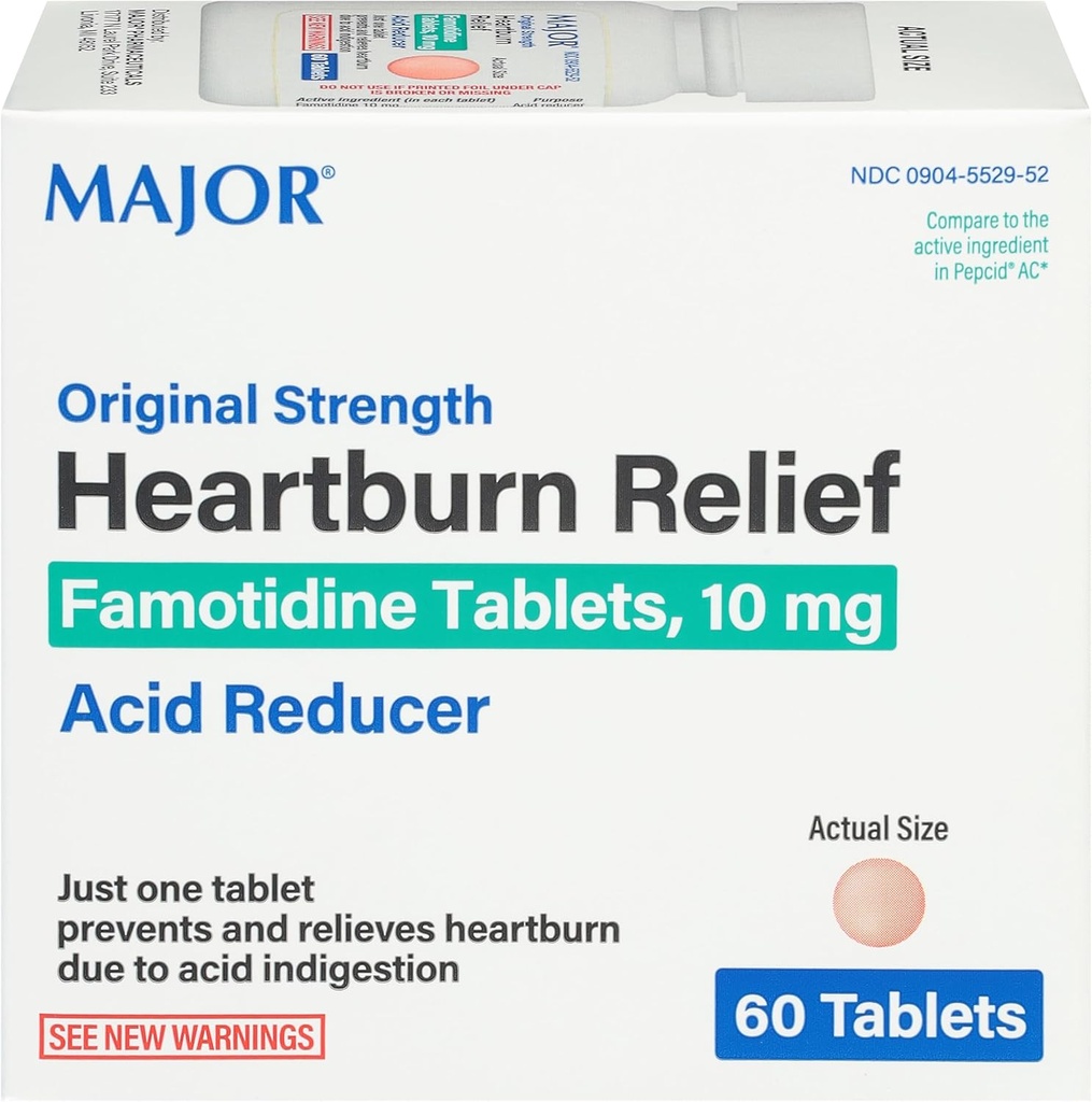 Major Original Strength Heartburn Relief - Famotidin Tablety, 10 mg - Acid Reducer - 60 Tablety