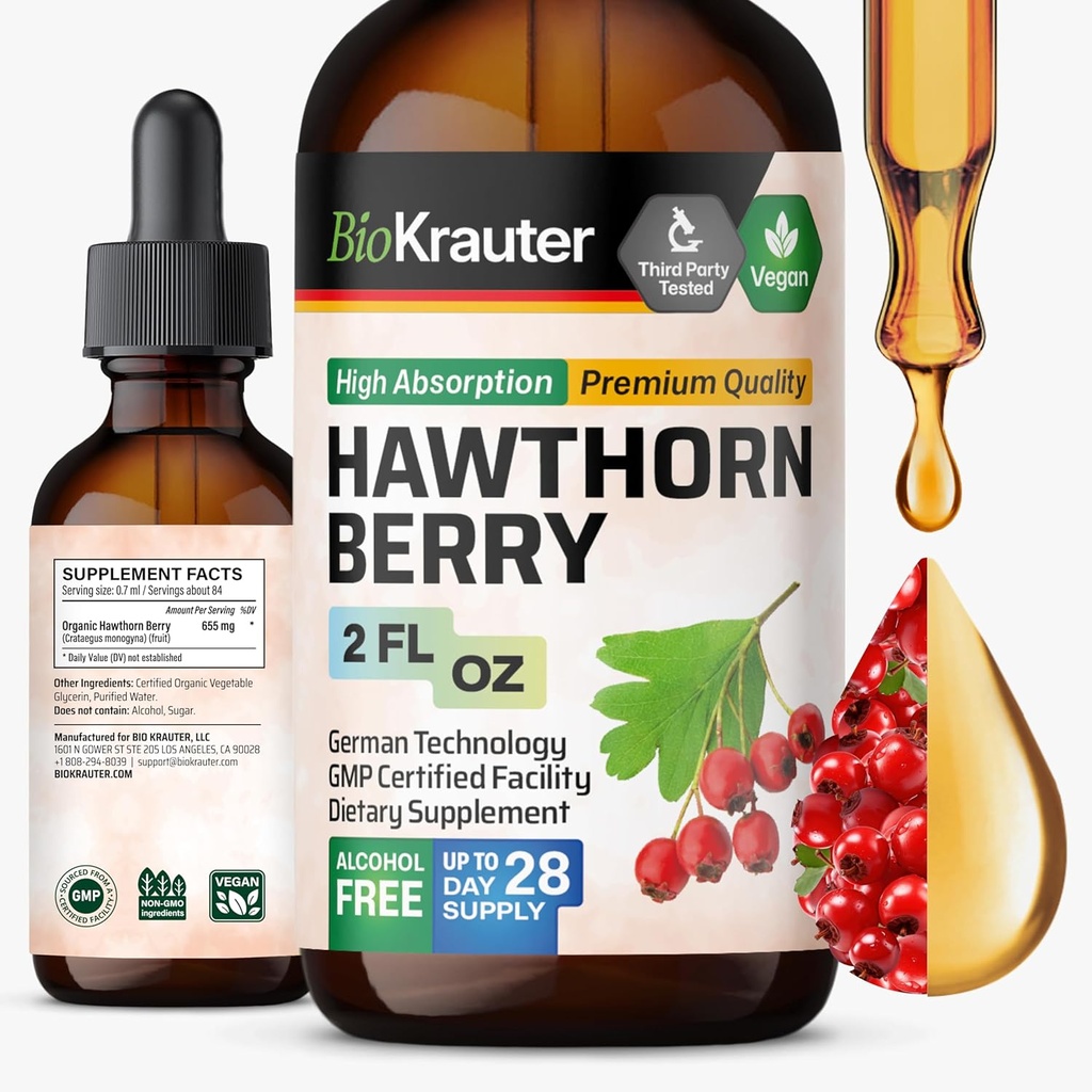 BIO KRAUTER ® Hawthorne Berry Supplement - čistý Vegan Hawthorn Berry Liquid Drops 655 mg na Serving 2 Fl.Oz 28 Days of Supply - Používá se pro celkovou podporu a denní wellness - Alkohol a cukr zdarma