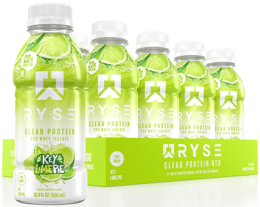 RYSE Clear Protein Drink - Key Lime Pie - 100 Calories, 22g Syrovátka izolát protein Shake, Sugar- Free, 0g Tuk & Lactose-Free - Občerstvení Ready- to- Drink Nápoje - 16.9 fl oz Lattles (12-Pack)