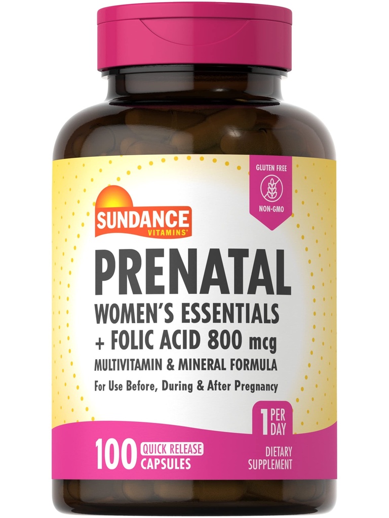 Sundance Prenatal Multivitamin 124; s kyselinou listovou 124; 100 Rychlé uvolnění Kapsle 124; 800 mcg Dublin 124; Non- GMO, gluten zdarma doplněk pro ženy