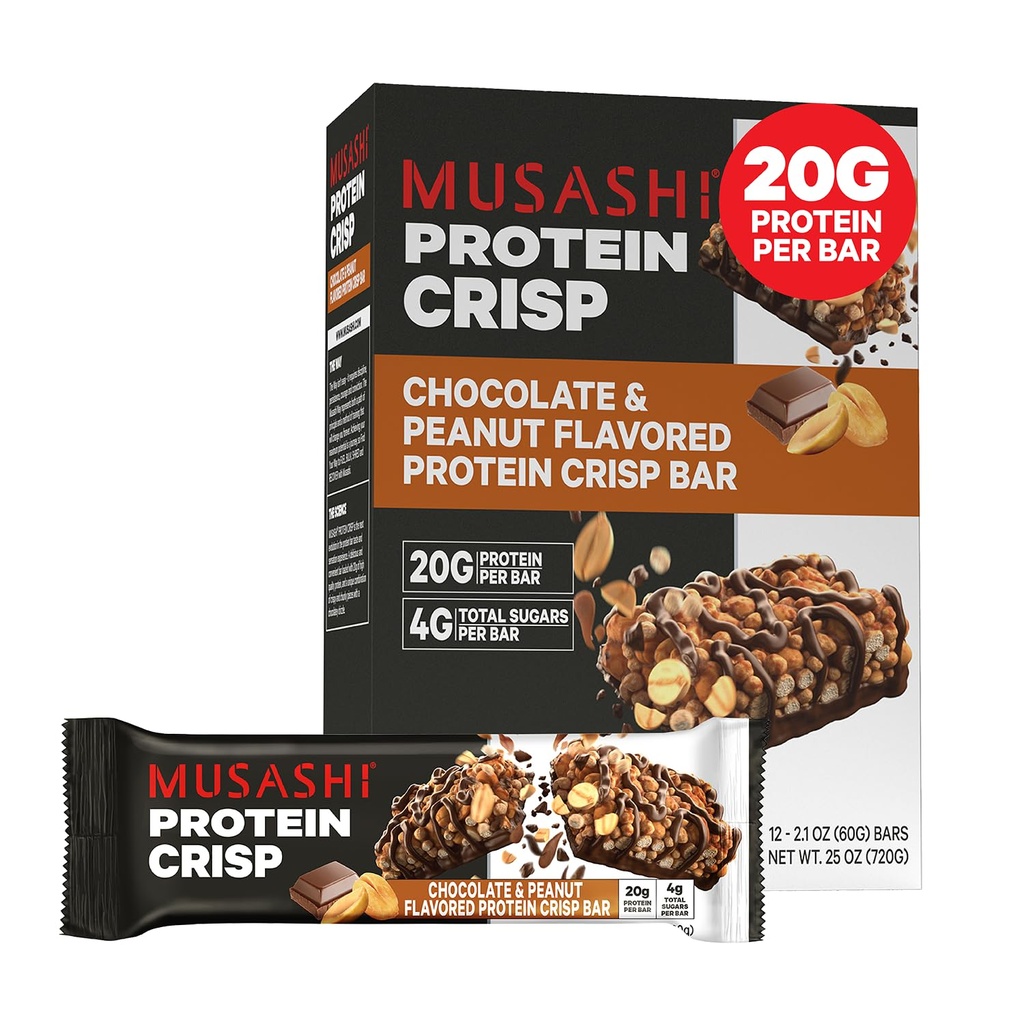 MUSASHI Protein Crisp Bar, 20g Protein, 4g Celkem Sugars, Chocolate & Peanut, Post Workout and Snack On The Go, 12 Pack of 2.1oz (60g) Bary