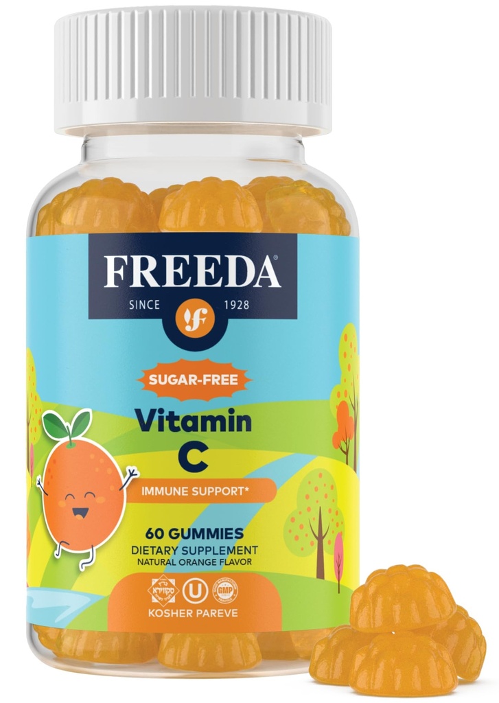 FREEDA Vitamin C Děti Vitamin C Gummies - Děti Sugar zdarma VIT C Gummy Žvýkací pro dospělé, Teens & Children - Certified Kosher, Delicious Orange Flavor, Nulový cukr Imunitní Supplement (60 Ct)